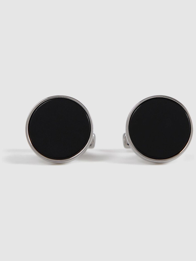 Reiss Silver/Onyx Ardley Round Onyx Cufflinks - Image 1 of 5