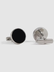 Reiss Silver/Onyx Ardley Round Onyx Cufflinks - Image 3 of 5