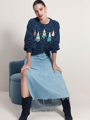 Navy Christmas Tree Tassel Detail Sparkly Embellished Sweatshirt - Image 2 of 4
