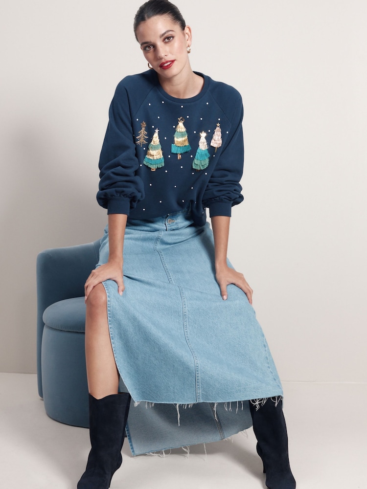 Navy Christmas Tree Tassel Detail Sparkly Embellished Sweatshirt - Image 2 of 4