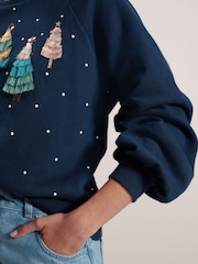 Navy Christmas Tree Tassel Detail Sparkly Embellished Sweatshirt - Image 4 of 4