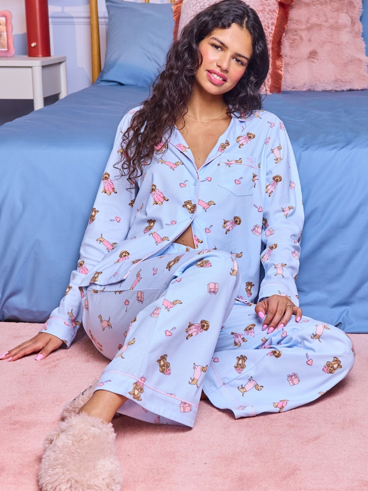 Boux Avenue Blue Puppy Long Sleeve Fleece Pyjamas In A Bag - Image 1 of 7 Boux Avenue Blue Puppy Long Sleeve Fleece Pyjamas In A Bag - Image 1 of 7