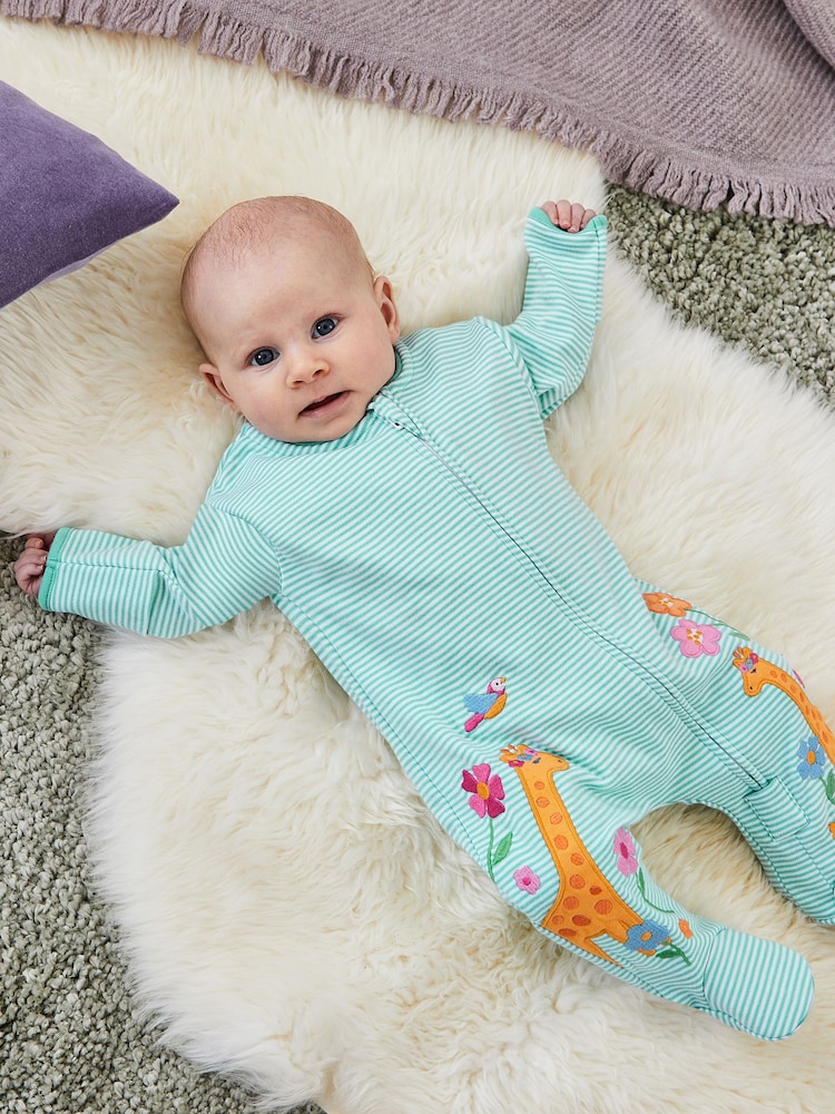 JoJo Maman Bébé Duck Egg Giraffe Appliqué Zip Cotton Baby Sleepsuit - Image 1 of 3