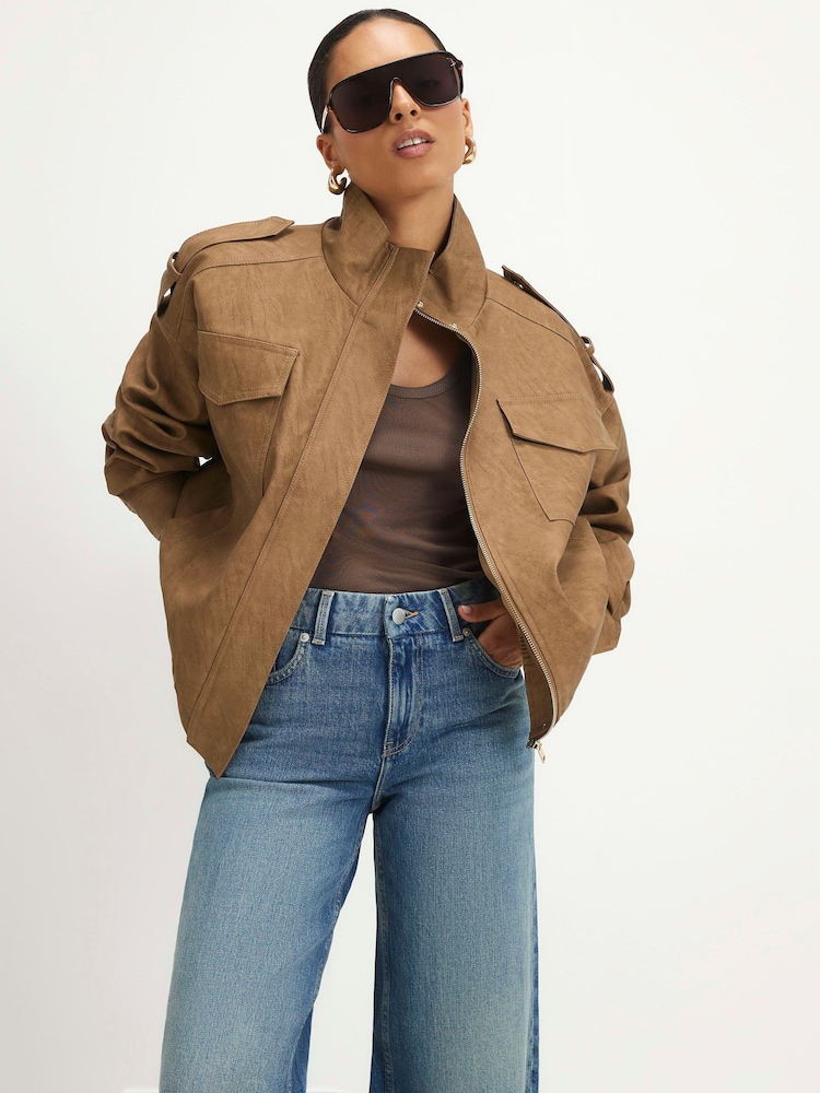 River Island Brown Faux Leather Funnel Neck Jacket - Image 1 of 4 River Island Brown Faux Leather Funnel Neck Jacket - Image 1 of 4