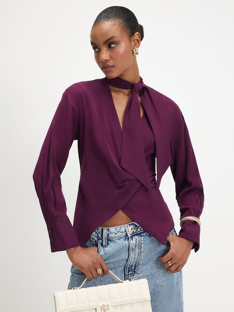 River Island Purple Long Sleeve Wrap Scarf Detail Shirt - Image 1 of 4