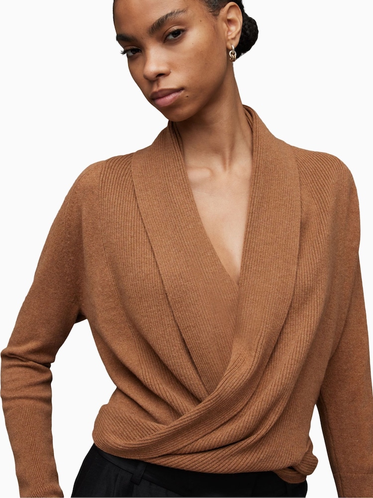 AllSaints Camel Natural Pirate Waterfall Cashmere Cardigan - Image 1 of 7