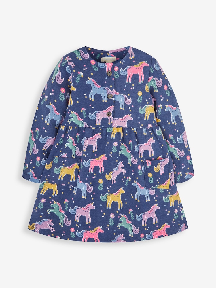 JoJo Maman Bébé Navy Blue Unicorn Button Front Dress - Image 2 of 4