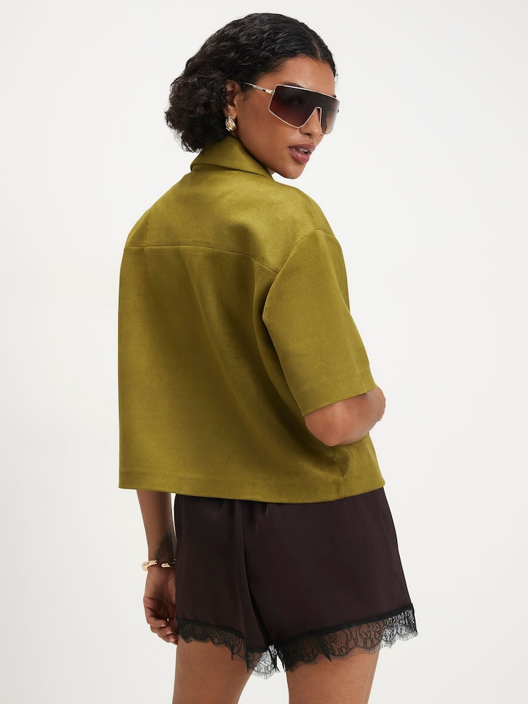 River Island Green Suedette Button Thru Short Sleeve Shirt - Image 2 of 4