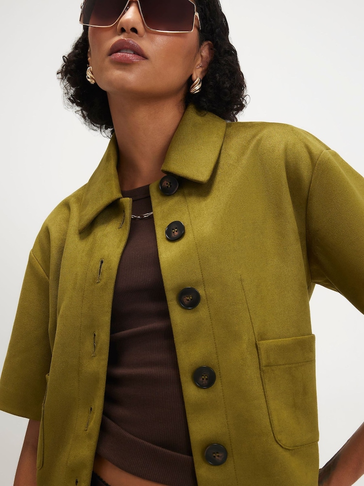 River Island Green Suedette Button Thru Short Sleeve Shirt - Image 4 of 4