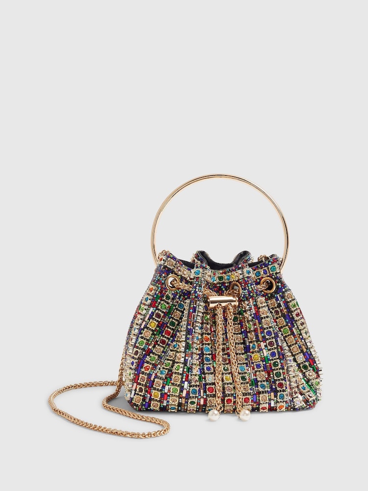 River Island Gold Multi Gem Bucket Clutch Bag - Image 1 of 5