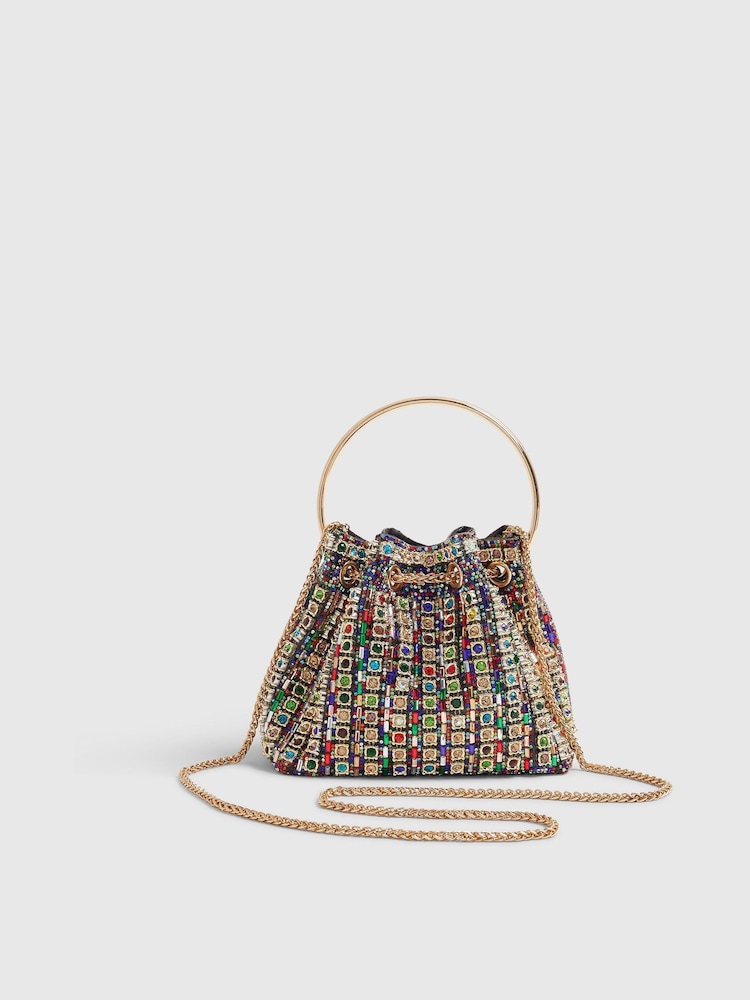 River Island Gold Multi Gem Bucket Clutch Bag - Image 2 of 5