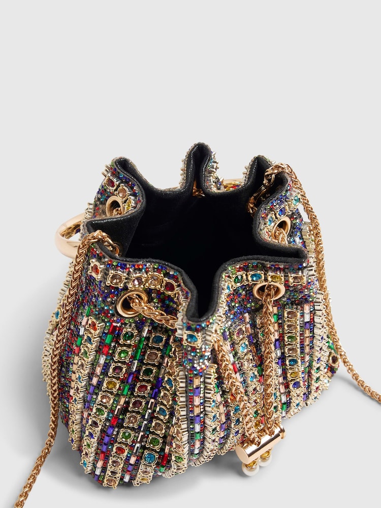 River Island Gold Multi Gem Bucket Clutch Bag - Image 5 of 5