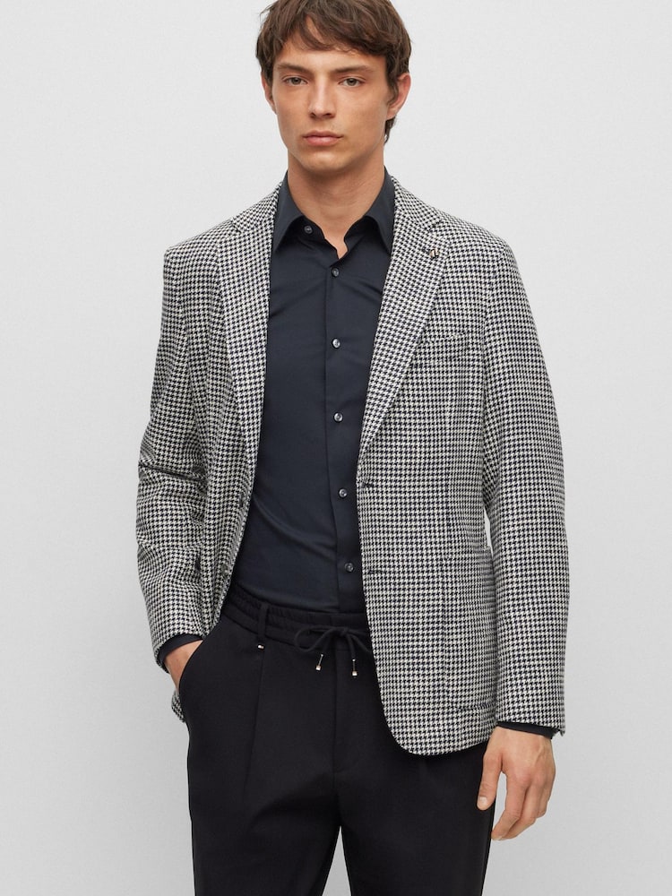 BOSS Blue Patterned Hanry Dog Tooth Slim Fit Cotton Blend Jacket - Image 1 of 6