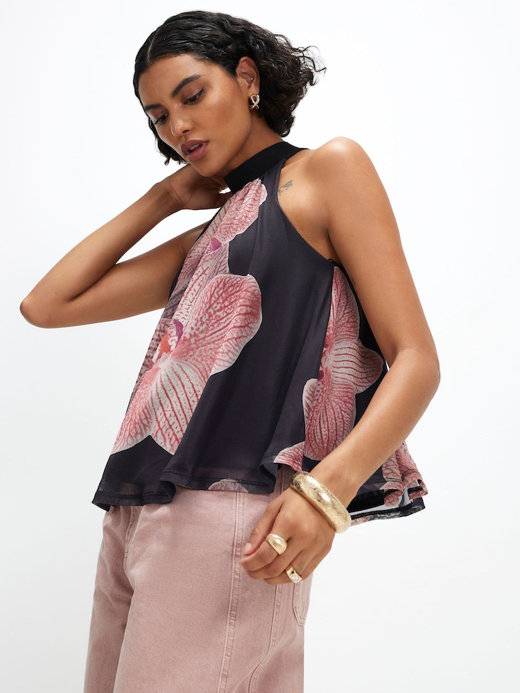 River Island Black Halter Floral Print Top - Image 1 of 4 River Island Black Halter Floral Print Top - Image 1 of 4