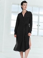 Black Tie Front Long Sleeve Textured Utility Shirt Dress - Image 1 of 5