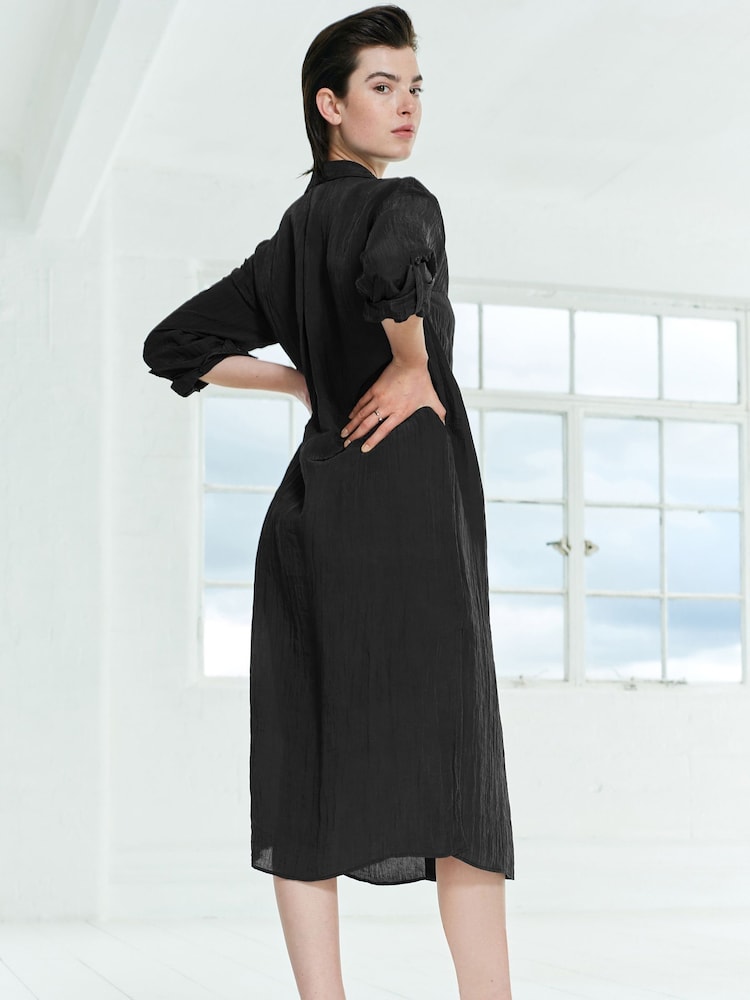 Black Tie Front Long Sleeve Textured Utility Shirt Dress - Image 2 of 5