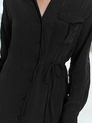 Black Tie Front Long Sleeve Textured Utility Shirt Dress - Image 3 of 5