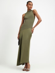 River Island Green Hybrid Satin Knit Dress With Asymmetrical Hem - Image 1 of 4