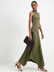 River Island Green Hybrid Satin Knit Dress With Asymmetrical Hem - Image 2 of 4