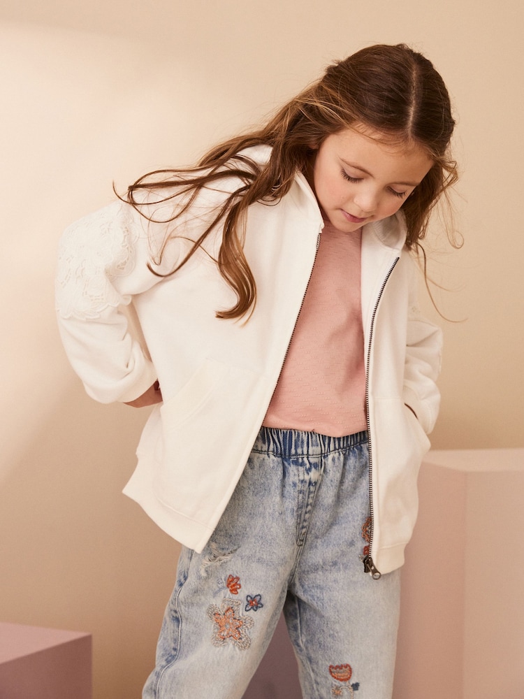 White Broderie Zip Through Hoodie (3-16yrs) - Image 2 of 10