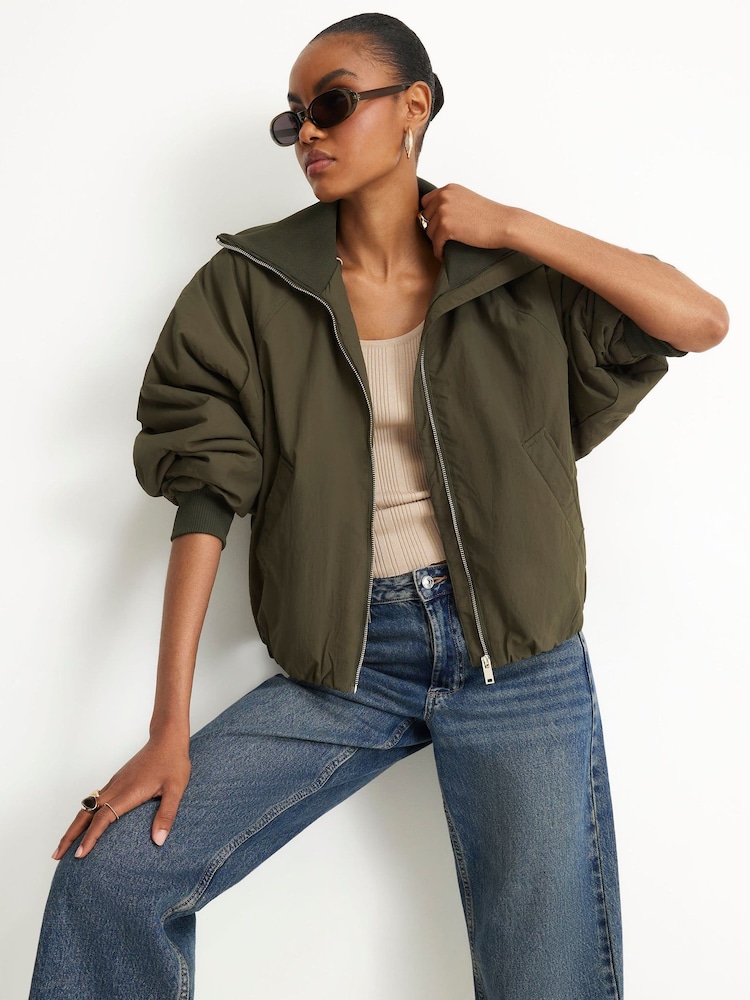 River Island Green Rib Detail Bubble Hem Bomber Jacket - Image 2 of 4