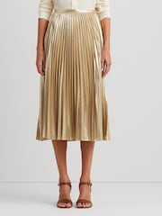 Lauren Ralph Lauren Gold Suzu Pleated Metallic Chiffon Skirt - Image 1 of 6