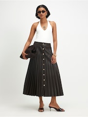 River Island Brown Popper Front Pleated Midi Skirt - Image 1 of 4
