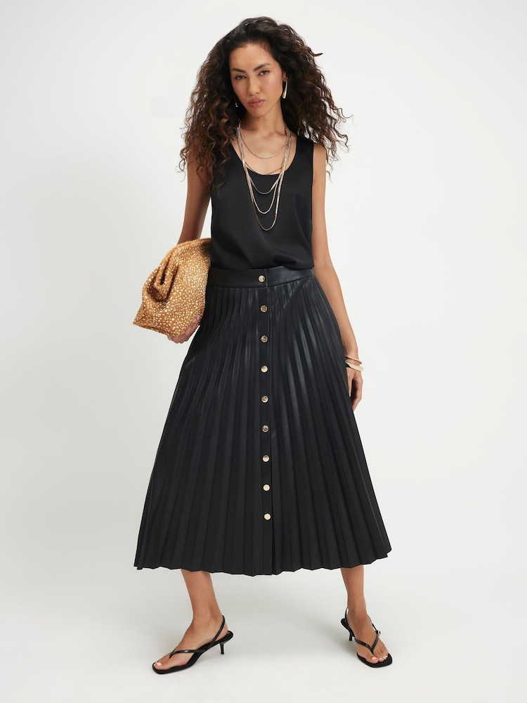 River Island Black Popper Front Pleated Midi Skirt - Image 1 of 4