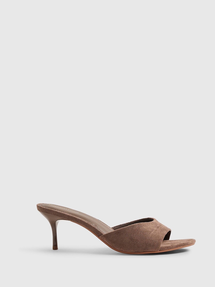 River Island Brown Suedette Mule Heeled Sandals - Image 1 of 5