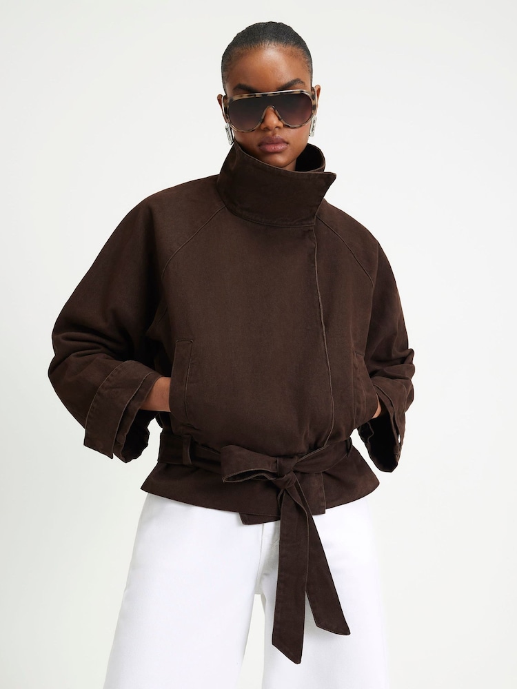 River Island Brown Washed Cotton Funnel Neck Jacket - Image 1 of 4