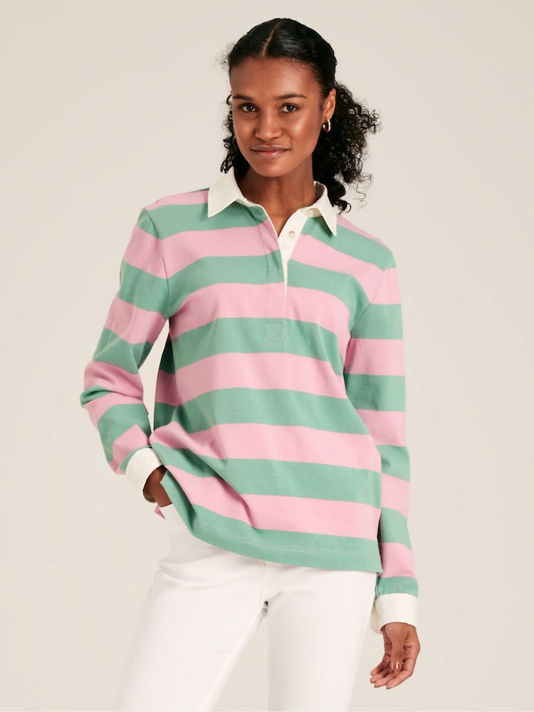 Joules Falmouth Pink & Green Striped Cotton Rugby Shirt - Image 1 of 7