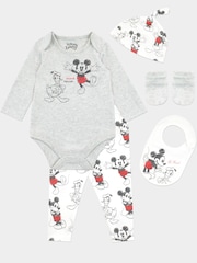 Character White Baby Mickey Mouse Sleepsuit Bodysuit Hat And Bib 4 Piece Set - Image 1 of 5