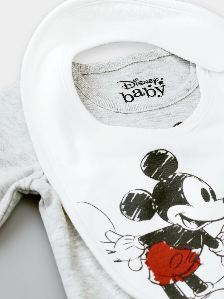 Character White Baby Mickey Mouse Sleepsuit Bodysuit Hat And Bib 4 Piece Set - Image 5 of 5