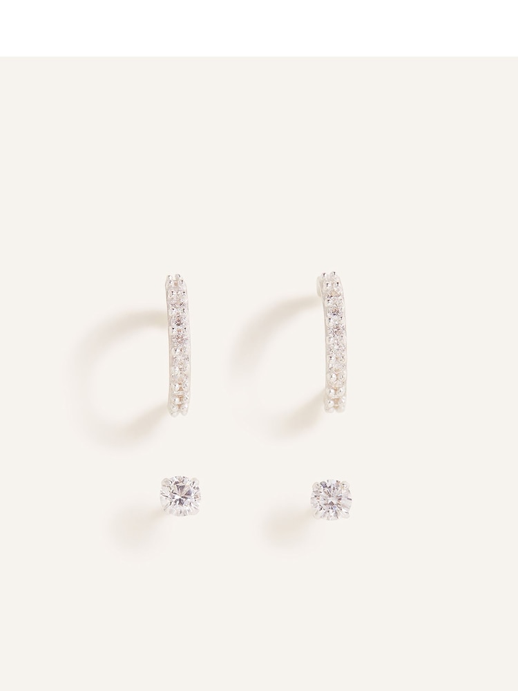 Accessorize White Sterling Silver Sparkle Hoop Earrings Set 2 - Image 1 of 3