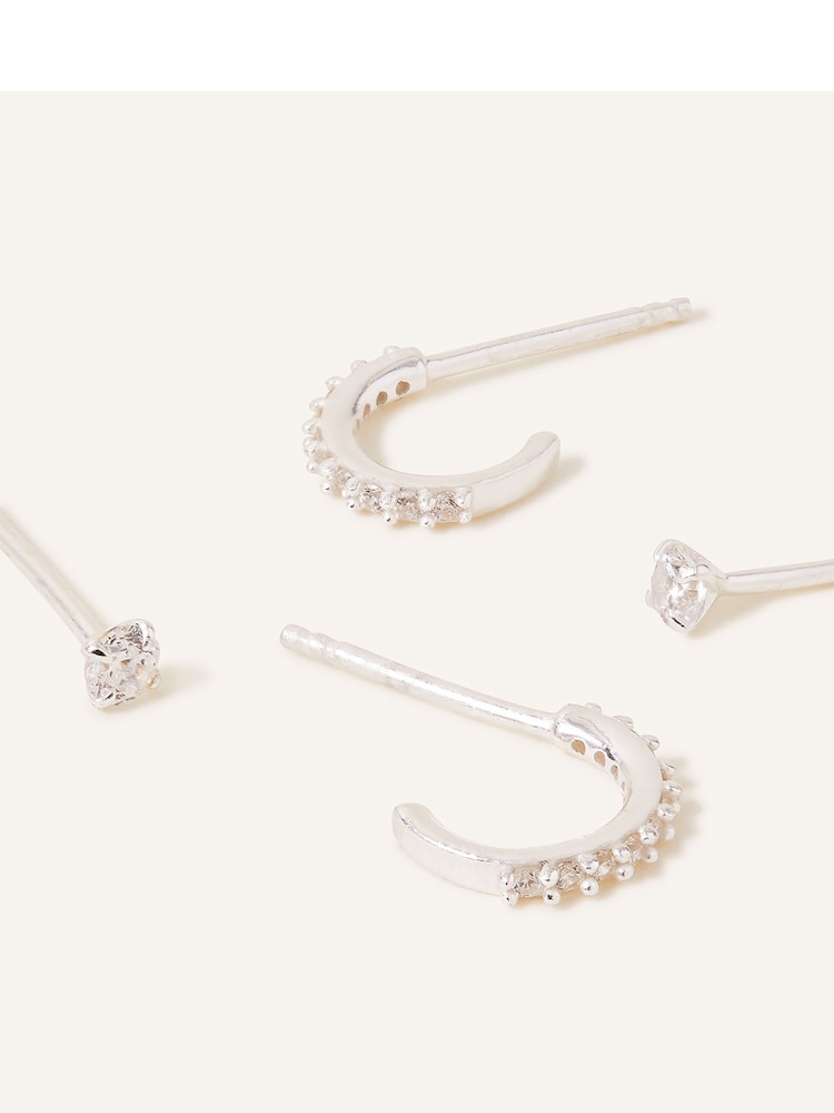 Accessorize White Sterling Silver Sparkle Hoop Earrings Set 2 - Image 2 of 3