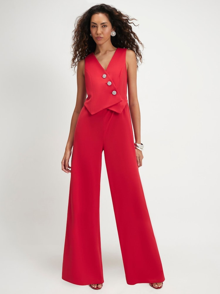 River Island Red Embellished Button Jumpsuit - Image 1 of 4