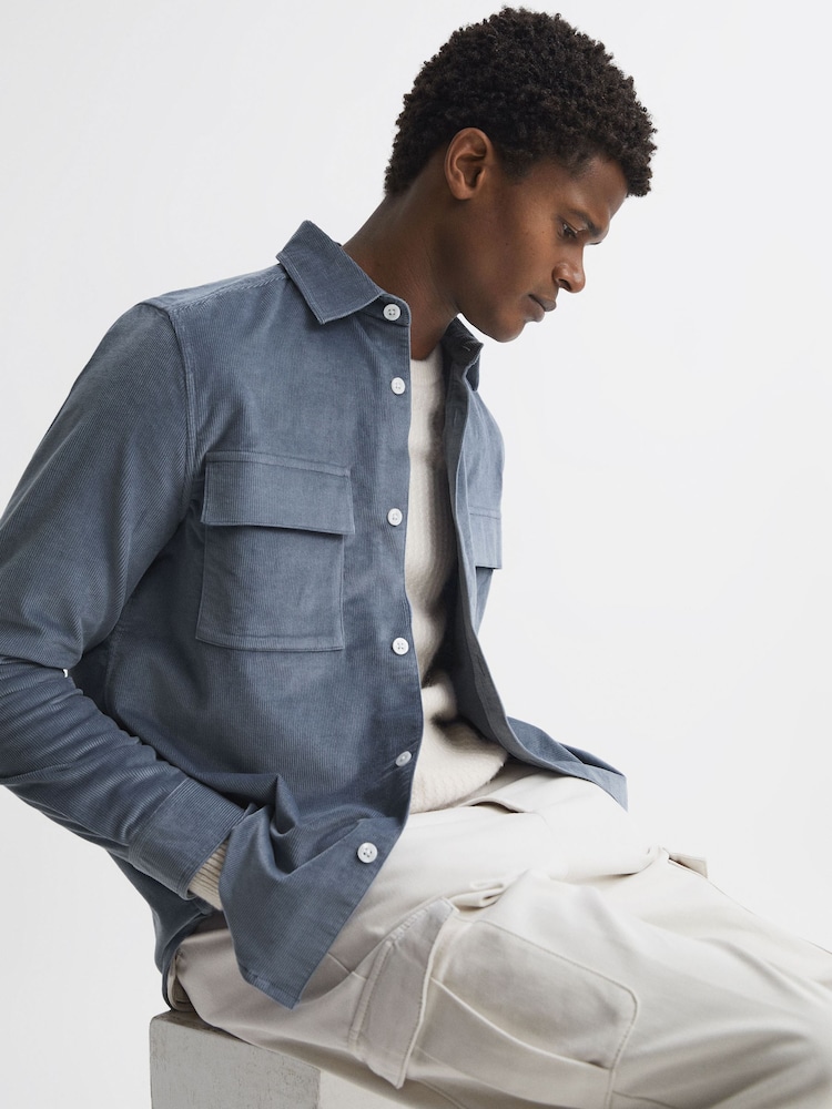 Reiss Airforce Blue Colins Corduroy Button-Through Overshirt - Image 1 of 5
