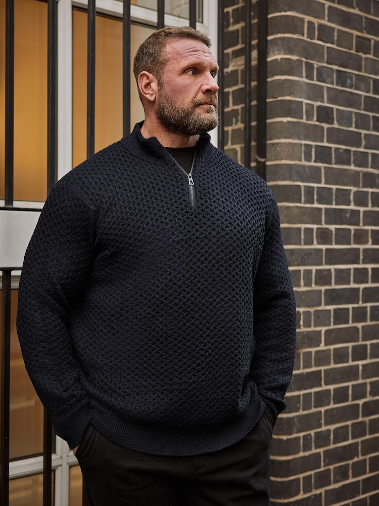 Blau - BadRhino Big & Tall Strukturierter Pullover mit 1/4-Reißverschluss - Bild 1 von 3 Blau - BadRhino Big & Tall Strukturierter Pullover mit 1/4-Reißverschluss - Bild 1 von 3