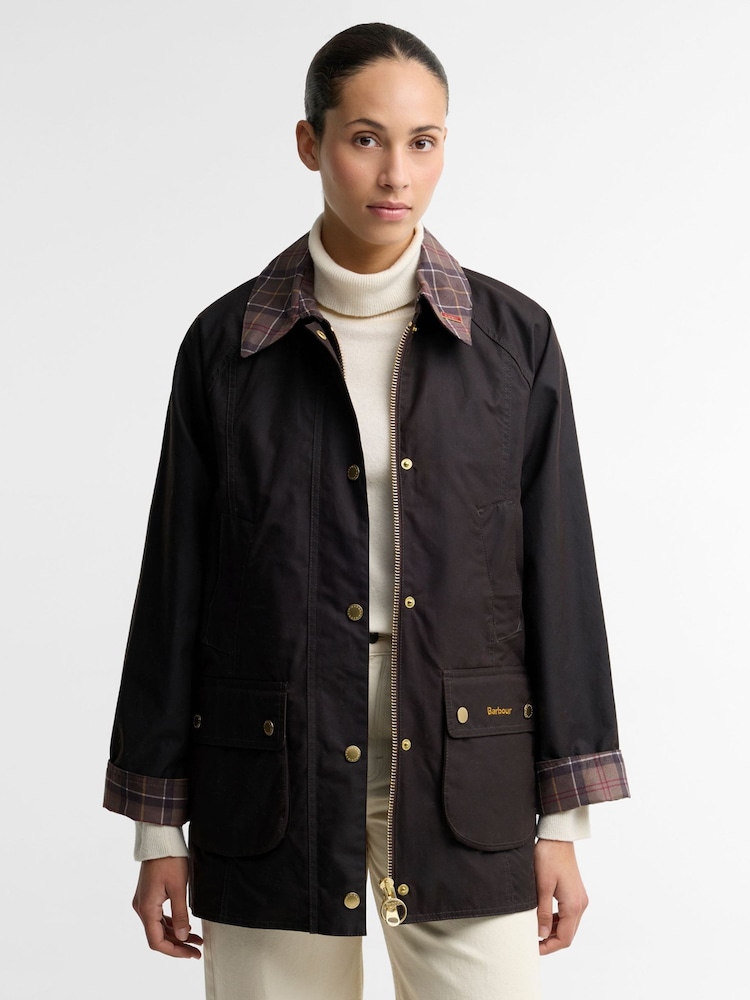 Barbour® Brown Icons Tartan Collar Modern Beadnell Wax Jacket - Image 1 of 7 Barbour® Brown Icons Tartan Collar Modern Beadnell Wax Jacket - Image 1 of 7
