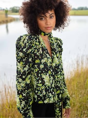 Ro&Zo Yellow Floral Tie Neck Blouse - Image 1 of 8
