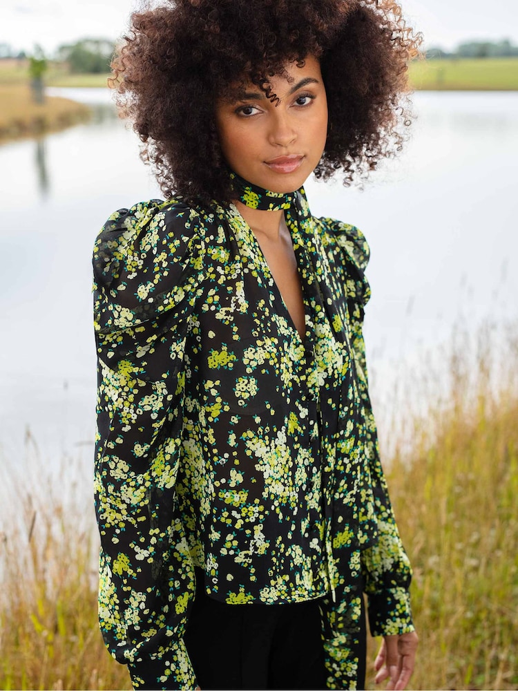 Ro&Zo Yellow Floral Tie Neck Blouse - Image 1 of 8