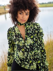 Ro&Zo Yellow Floral Tie Neck Blouse - Image 3 of 8
