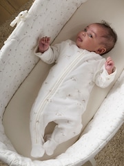 Mamas & Papas Baby 100% Cotton Stork Print Zip White Sleepsuit - Image 1 of 3