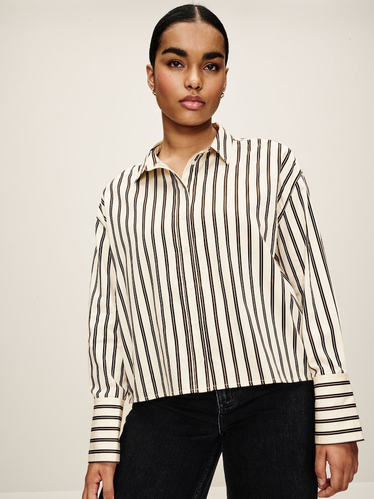 Monochrome Stripe Long Sleeve Cotton Cropped Shirt - Image 1 of 7