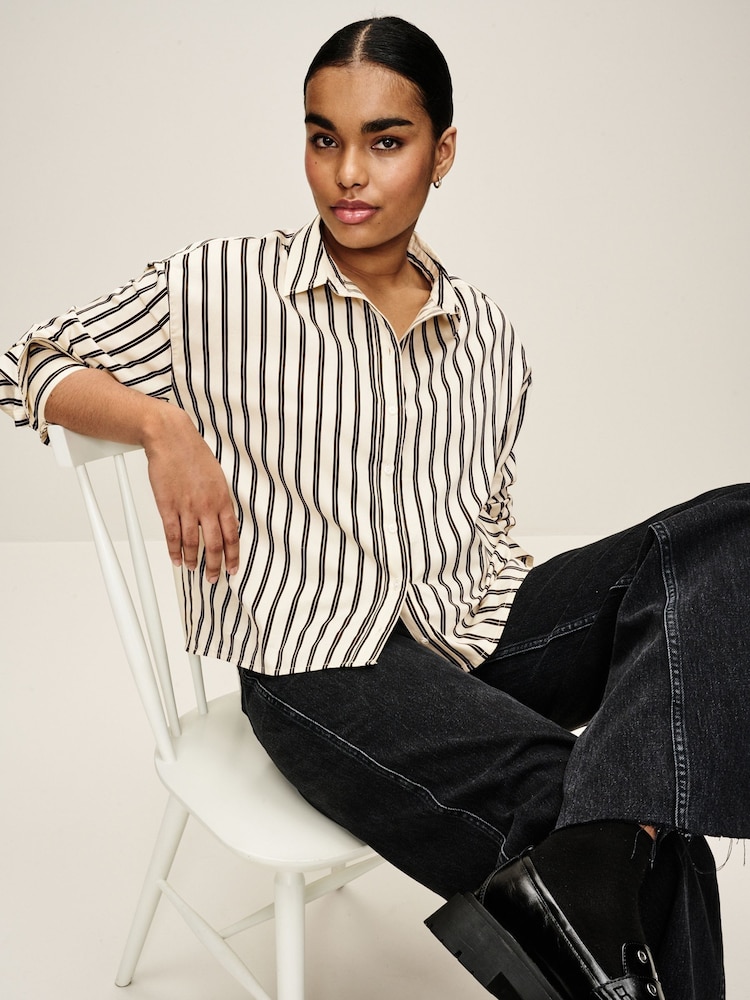 Monochrome Stripe Long Sleeve Cotton Cropped Shirt - Image 3 of 7