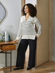 JoJo Maman Bébé Cream & Black Stripe Collared Maternity & Nursing Jumper - Image 1 of 5