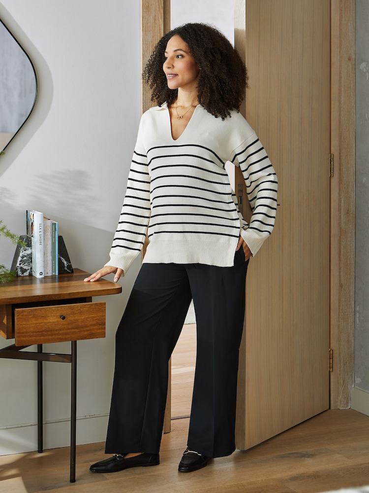 JoJo Maman Bébé Cream & Black Stripe Collared Maternity & Nursing Jumper - Image 1 of 5