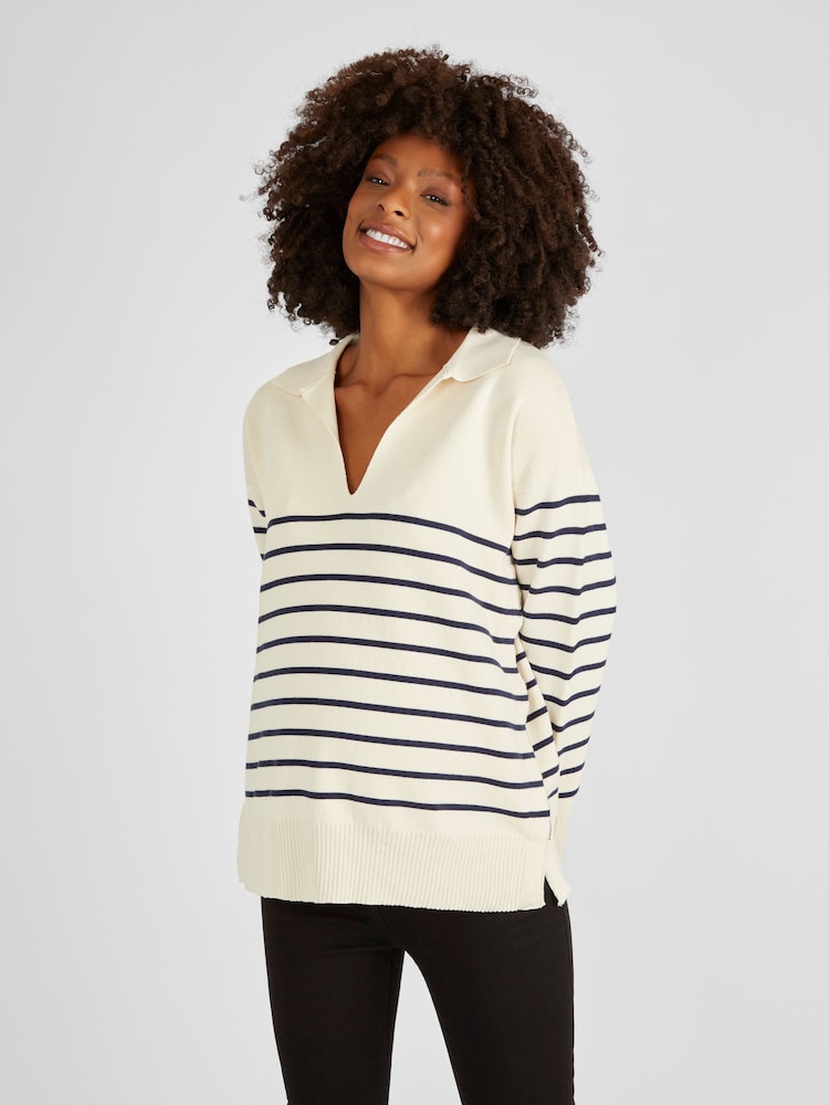 JoJo Maman Bébé Cream & Black Stripe Collared Maternity & Nursing Jumper - Image 2 of 5