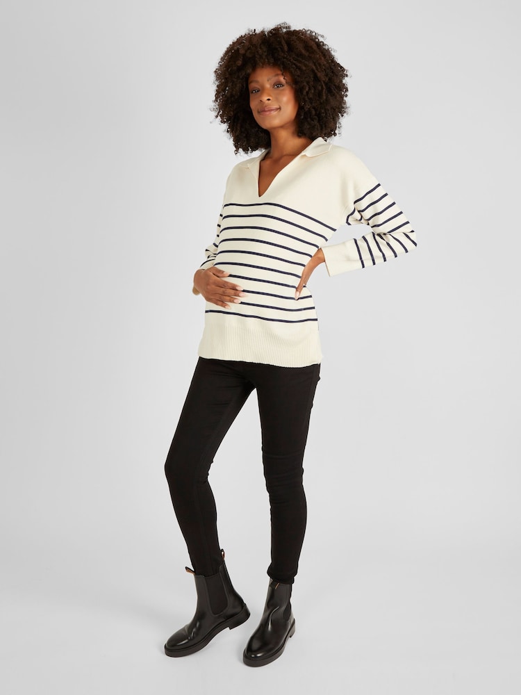 JoJo Maman Bébé Cream & Black Stripe Collared Maternity & Nursing Jumper - Image 4 of 5