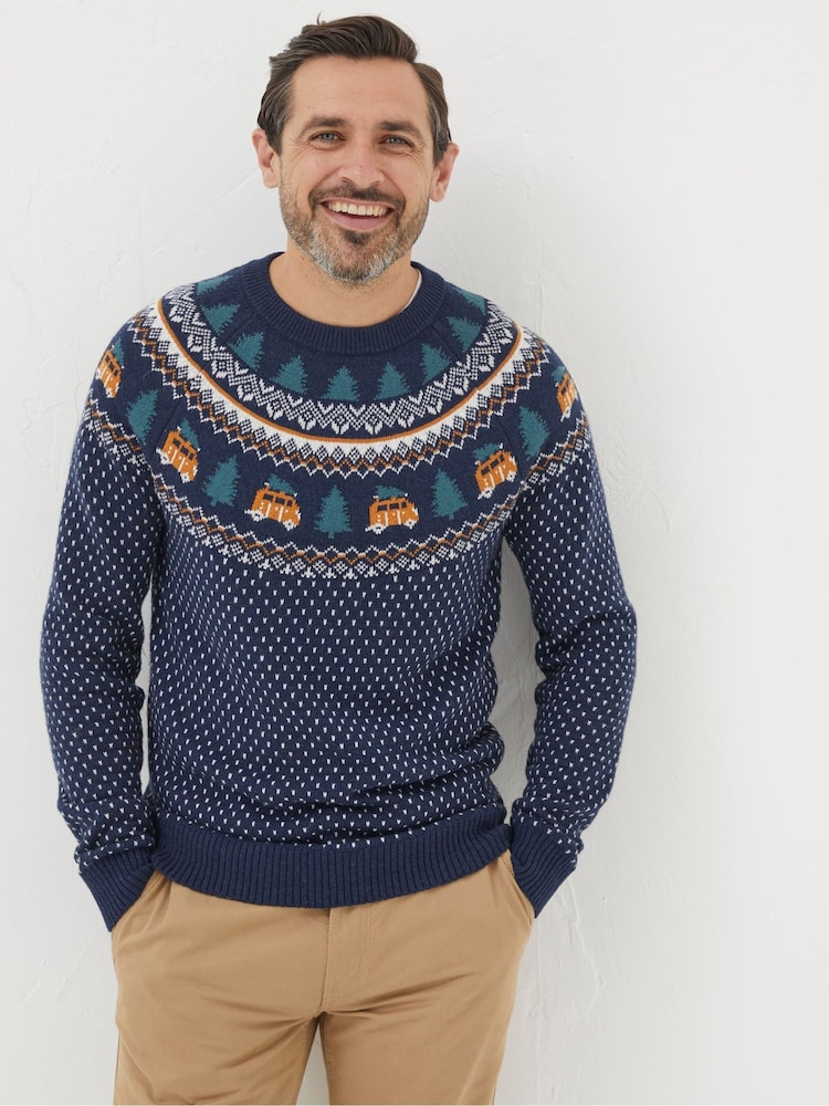 FatFace Blue Christmas Van Fairisle Jumper - Image 1 of 7 FatFace Blue Christmas Van Fairisle Jumper - Image 1 of 7